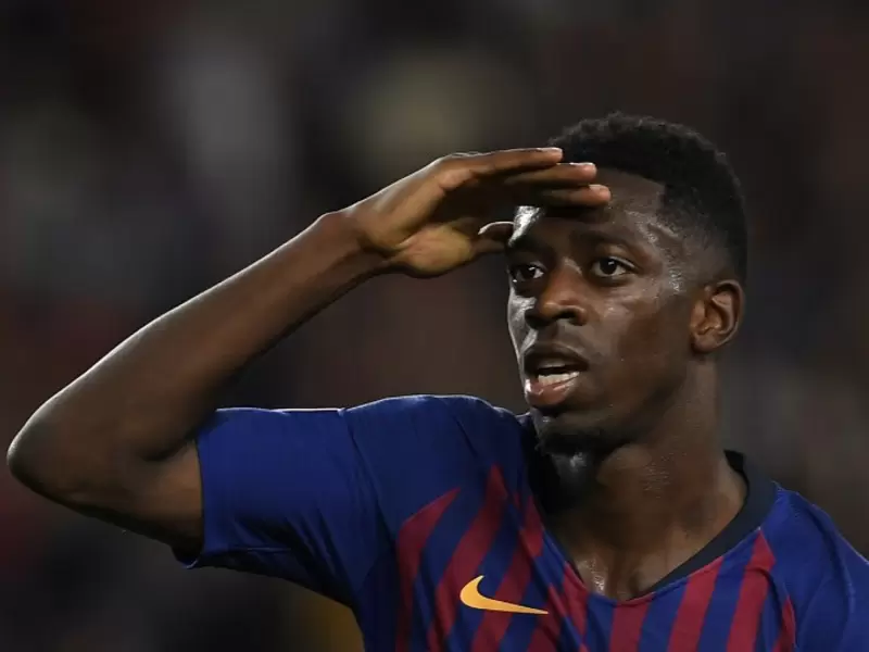Ousmane Dembelé celebrando uno de sus pocos goles anotados con el Barcelona