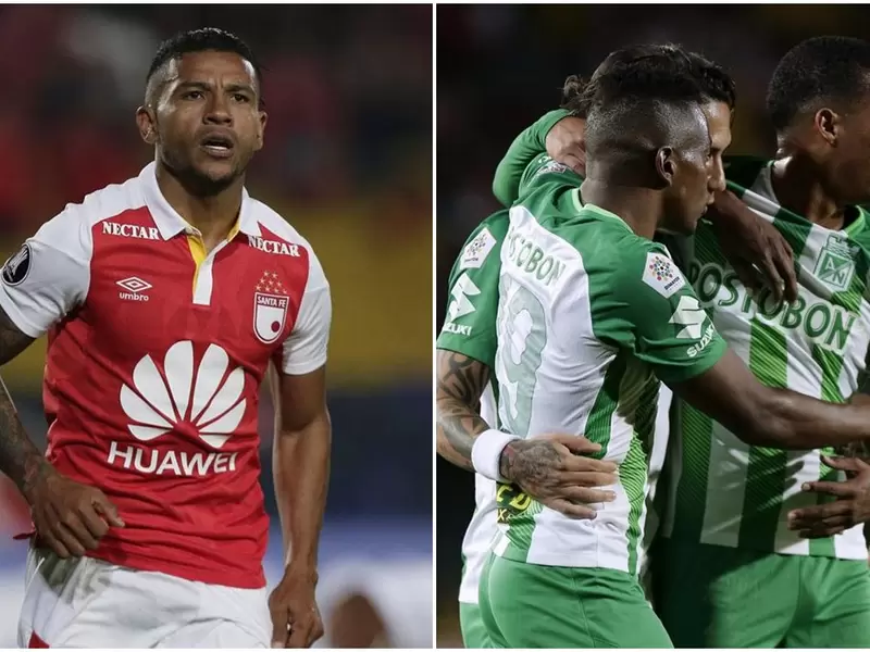 Wilson Morelo, delantero de Santa Fe, y jugadores de Atlético Nacional