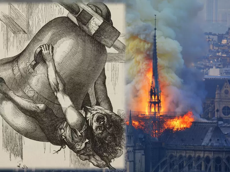 Quasiomodo, de la novela 'Nuestra Señora de París' de Víctor Hugo, y la Catedral de Notre-Dame en llamas