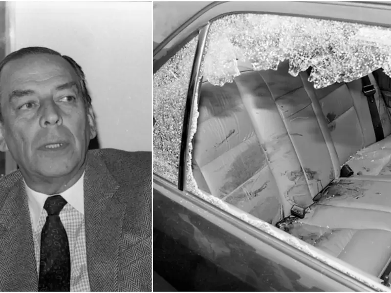 Álvaro Gómez Hurtado y el vehículo en que se movilizaba cuando fue asesinado, el 2 de noviembre de 1995 en Bogotá