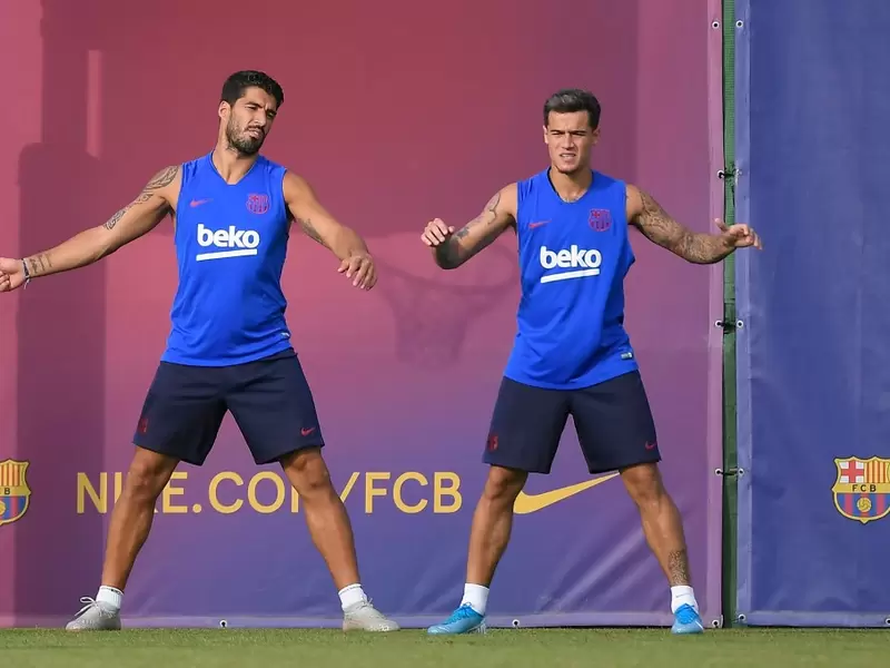 Suárez y Coutinho en un entrenamiento con el FC Barcelona