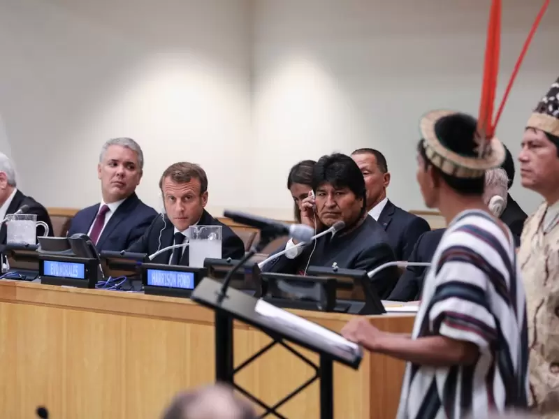 De izq. a der. los presidente Sebastián Piñera, Ivan Duque, Emmanuel Macron y Evo Morales.