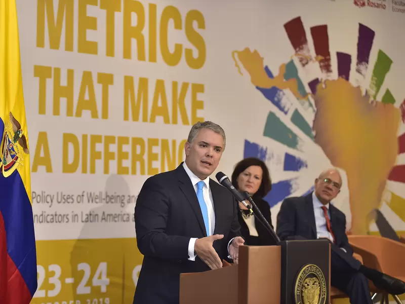 Presidente Iván Duque, en evento con la OCDE en Bogotá.