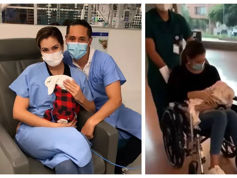 Nanis Ochoa y su bebé salen de la clínica