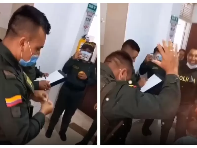 Policía bailando de felicidad