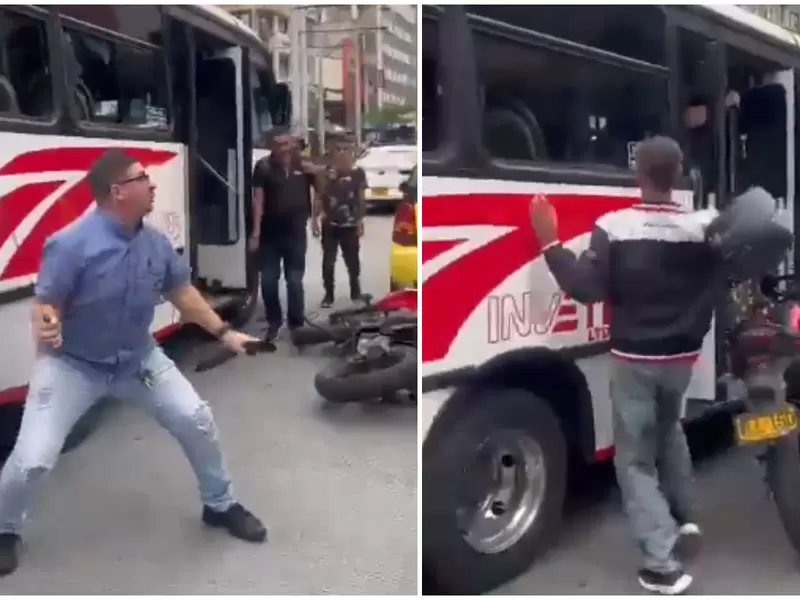 Motociclista rompió vidrios de buseta y conductor lo cogió a machete Motociclista rompió vidrios de buseta y conductor lo cogió a machete