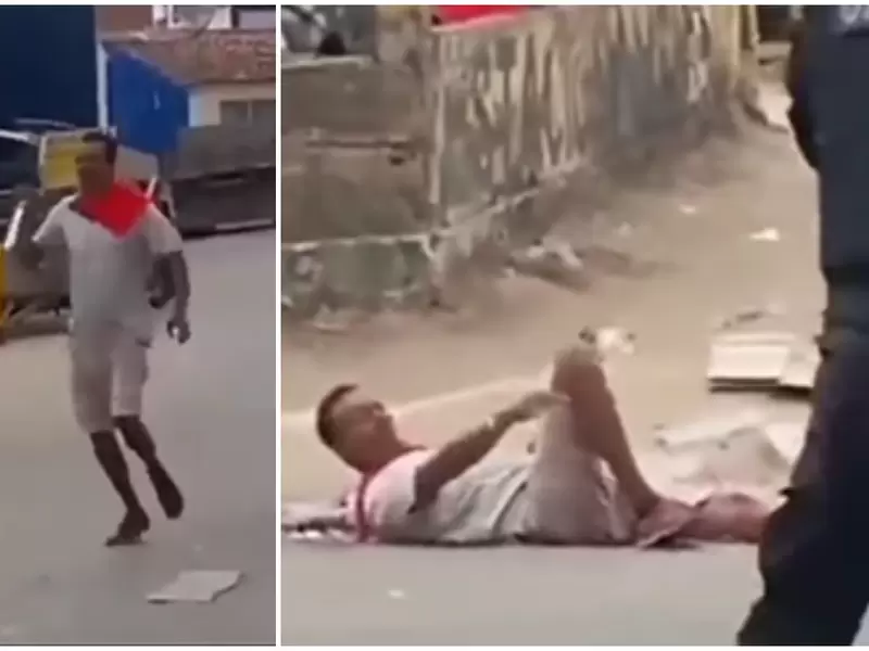 Sujeto persigue policías con un cuchillo