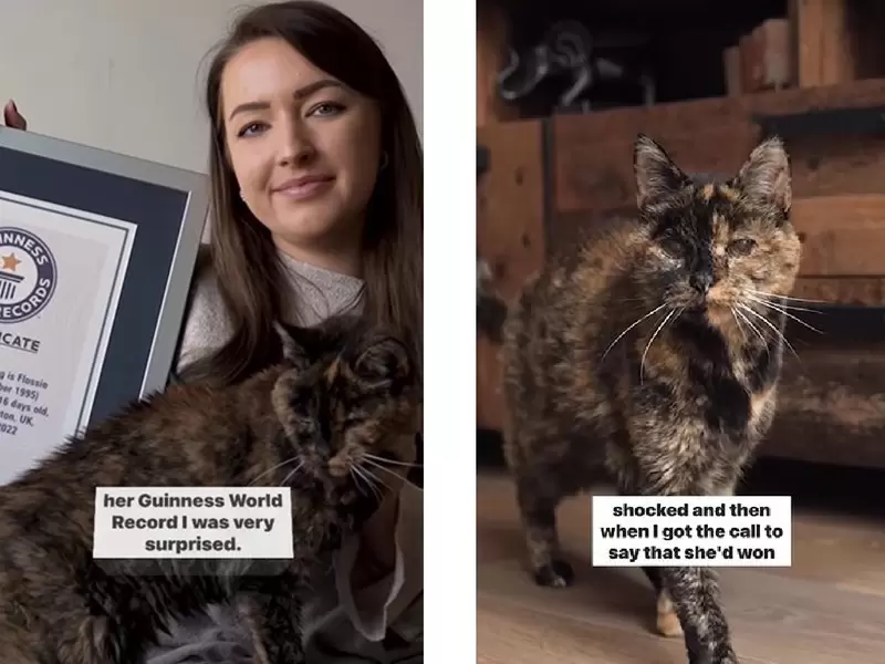 Un gato y su dueña junto a un Récord Guinness