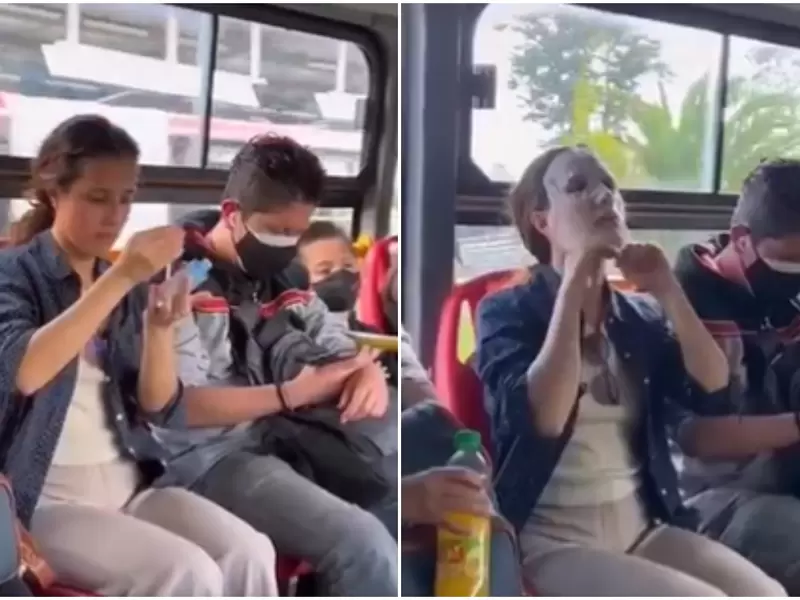 Mujer se hace mascarilla en Transmilenio Mujer se hace mascarilla en Transmilenio