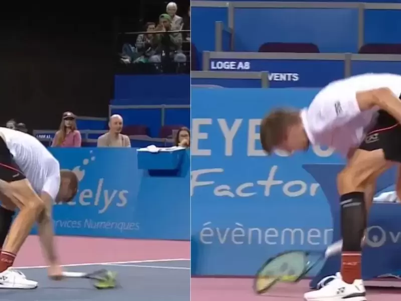 Jugador de tenis rompe sus raquetas en pleno partido Jugador de tenis rompe sus raquetas en pleno partido